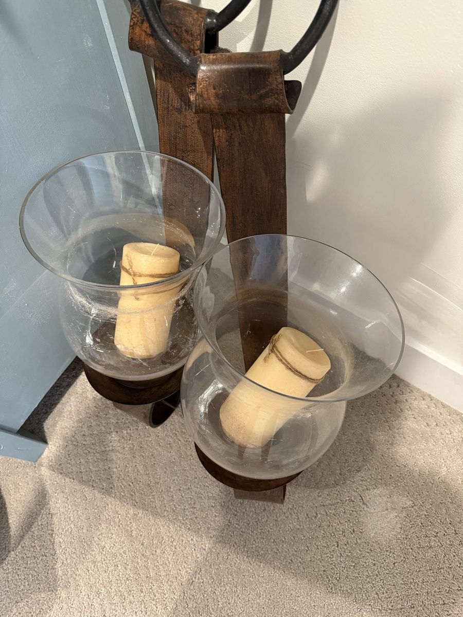 Rustic Metal and Wood Candle Holders with Glass Hurricanes and Candles