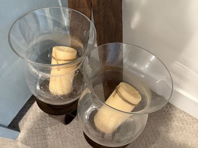 Rustic Metal and Wood Candle Holders with Glass Hurricanes and Candles