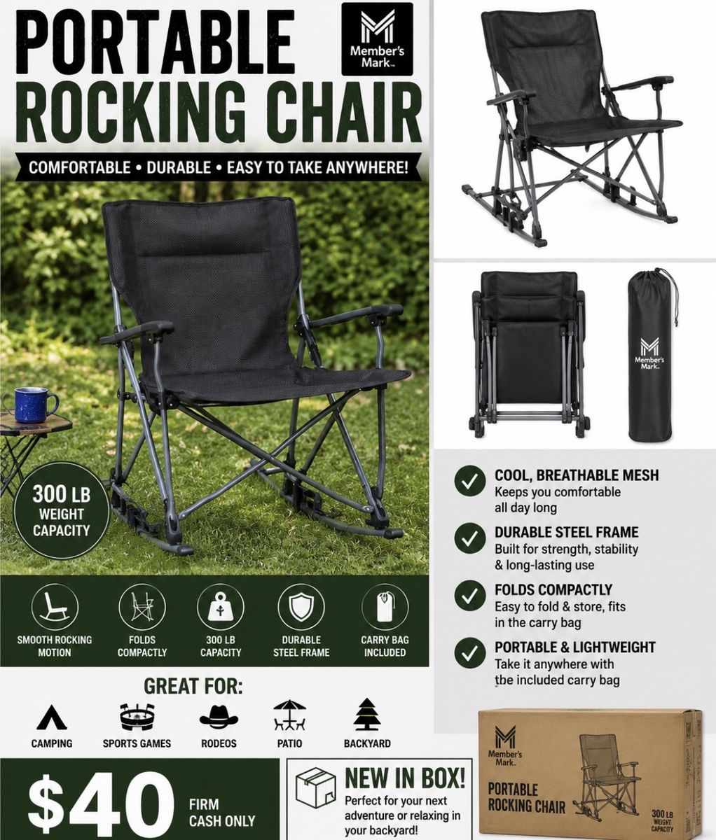 Member's Mark Portable Rocking Chair - Black, 300 lb Capacity, Folds Compactly, Carry Bag