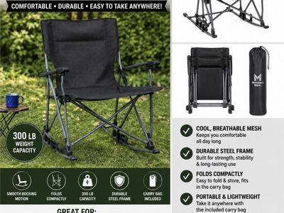 Member's Mark Portable Rocking Chair - Black, 300 lb Capacity, Folds Compactly, Carry Bag