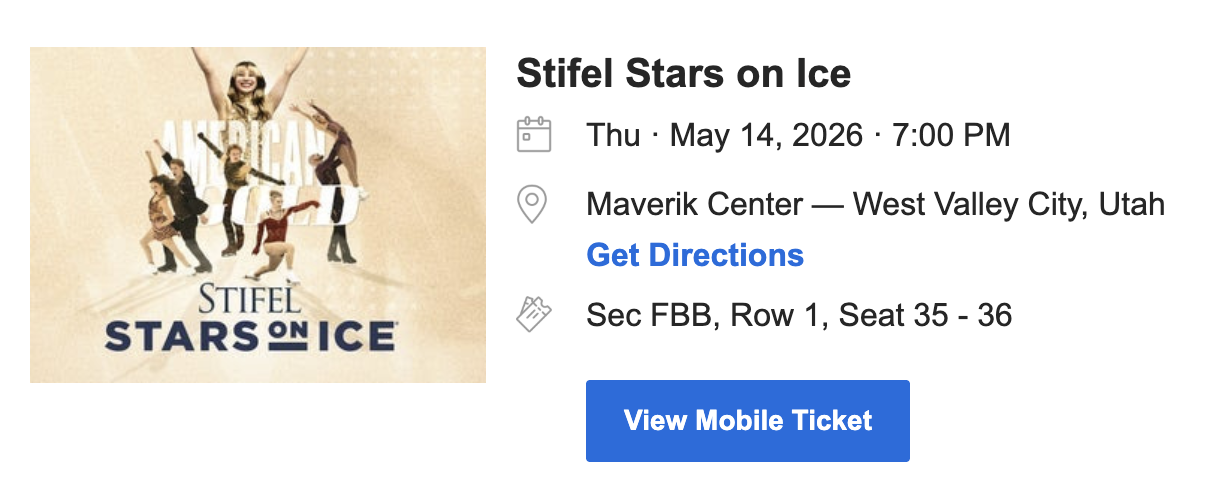 Stars on Ice May 14th - First Row - Two Tickets