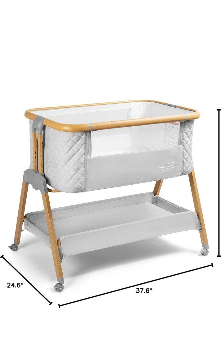 Baby Bassinet with Storage Shelf and Wheels - Grey and Natural Wood