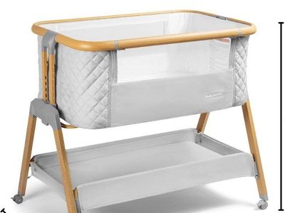 Baby Bassinet with Storage Shelf and Wheels - Grey and Natural Wood