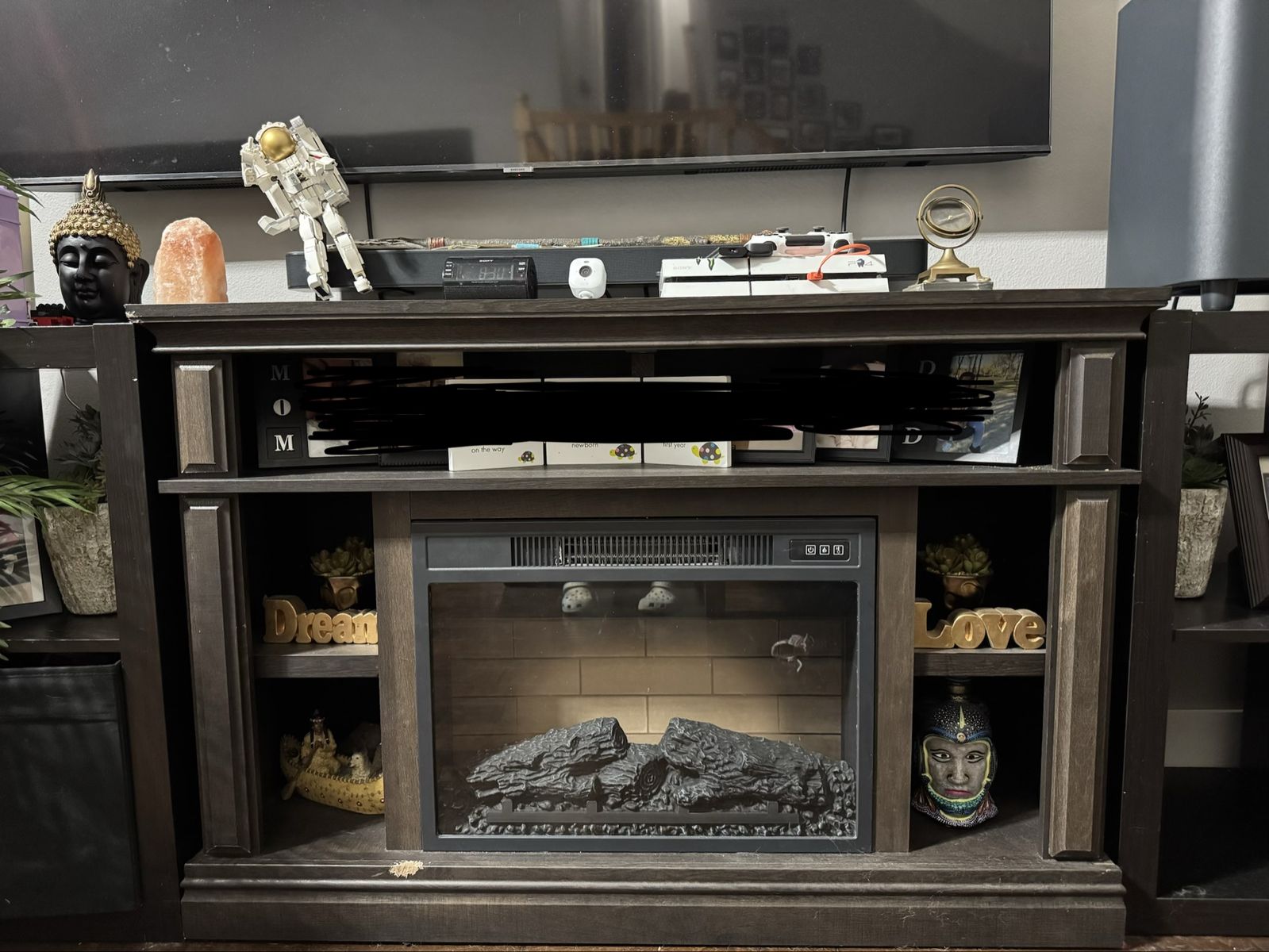 Dark Wood Media Console TV Stand with Electric Fireplace Insert, Some Wear