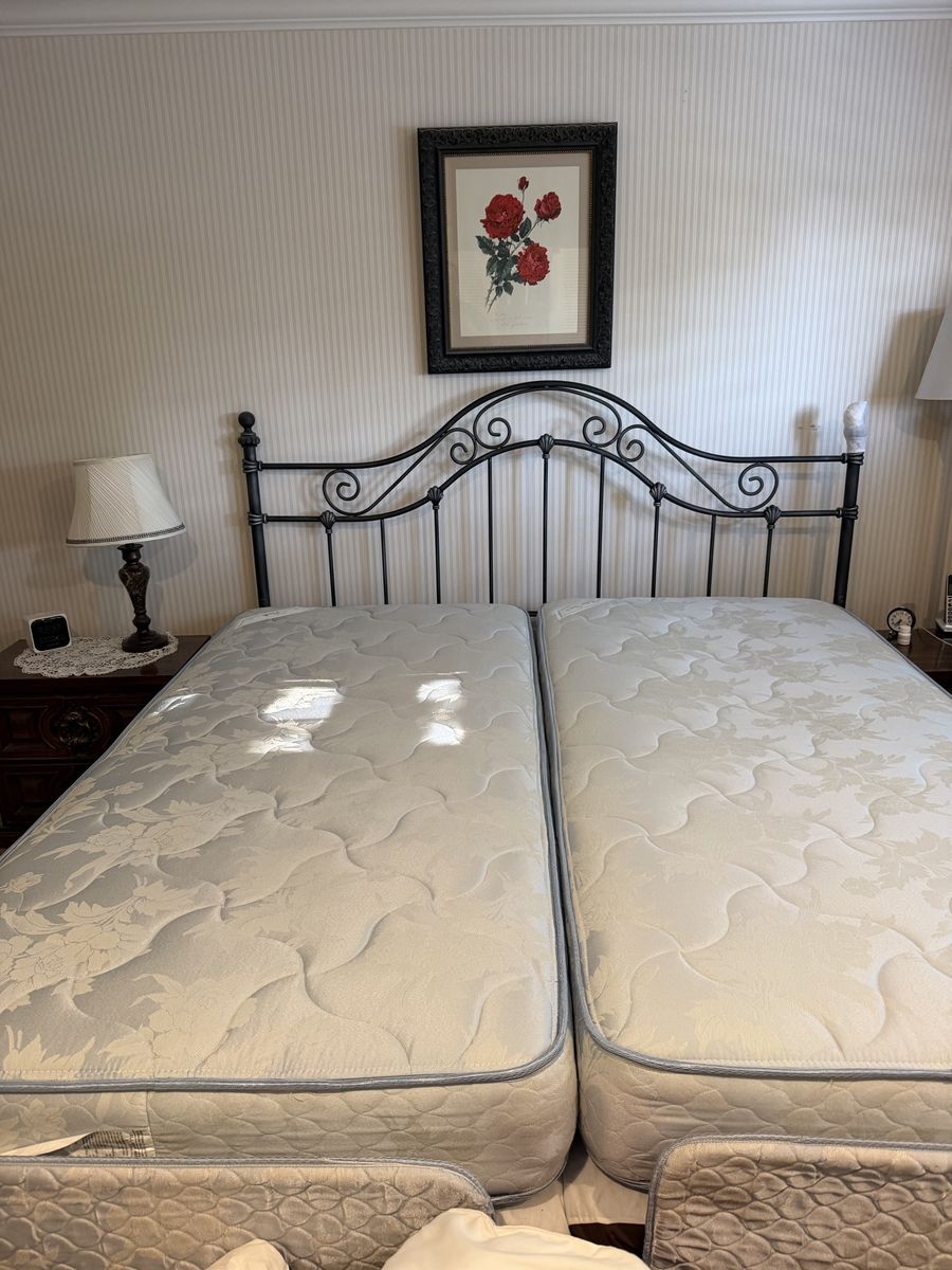 Wrought Iron Headboard with XL Twin (split king) Mattresses and adjustable bed frame. 