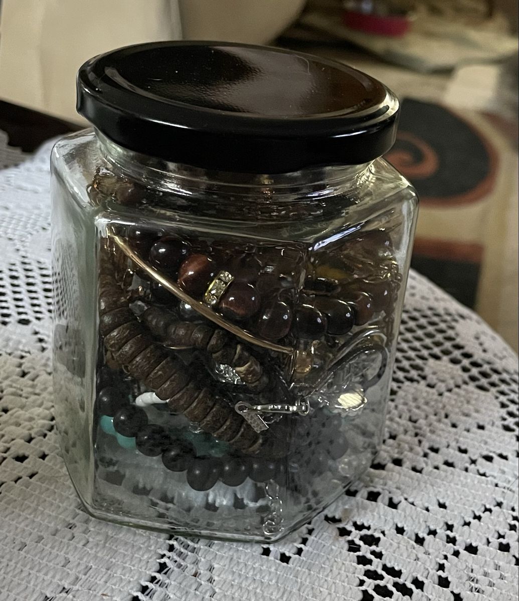 Assorted Jewelry Collection: Bracelets, Necklaces, Rings earrings in Glass Jar