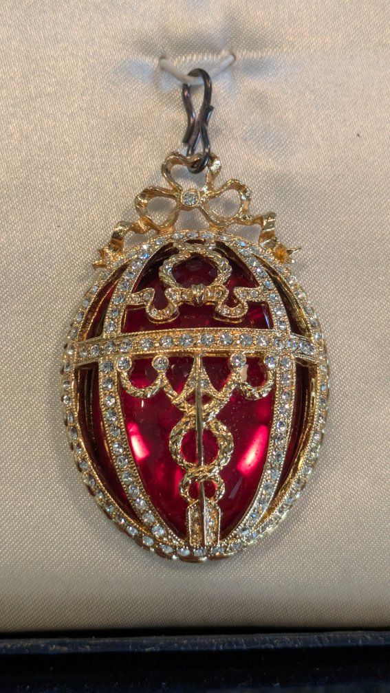 Faberge Imperial Collection Red Enameled & Crystal Egg Pendant with Gold-Tone Filigree,