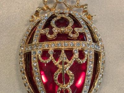 Faberge Imperial Collection Red Enameled & Crystal Egg Pendant with Gold-Tone Filigree,