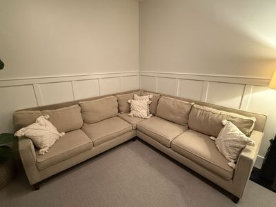 Large Yellow/Cream Sectional Couch - Pottery Barn style, Corner Configuration, Good Condition