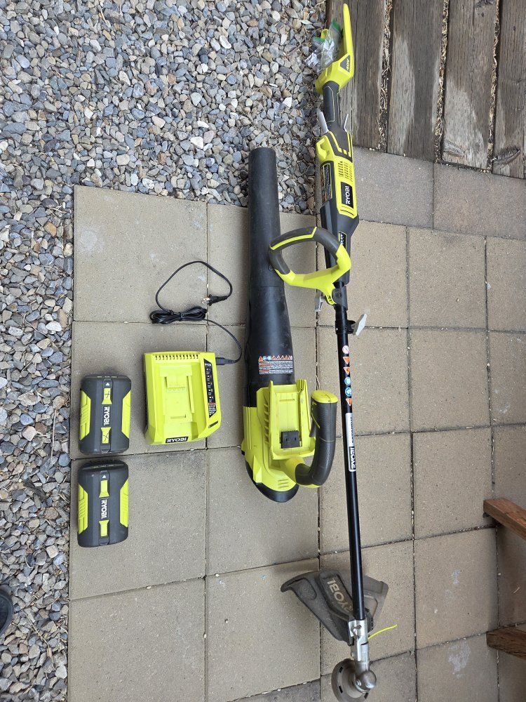 Ryobi 40V Cordless Power Head System with Blower, String Trimmer, 2 Batteries & Charger