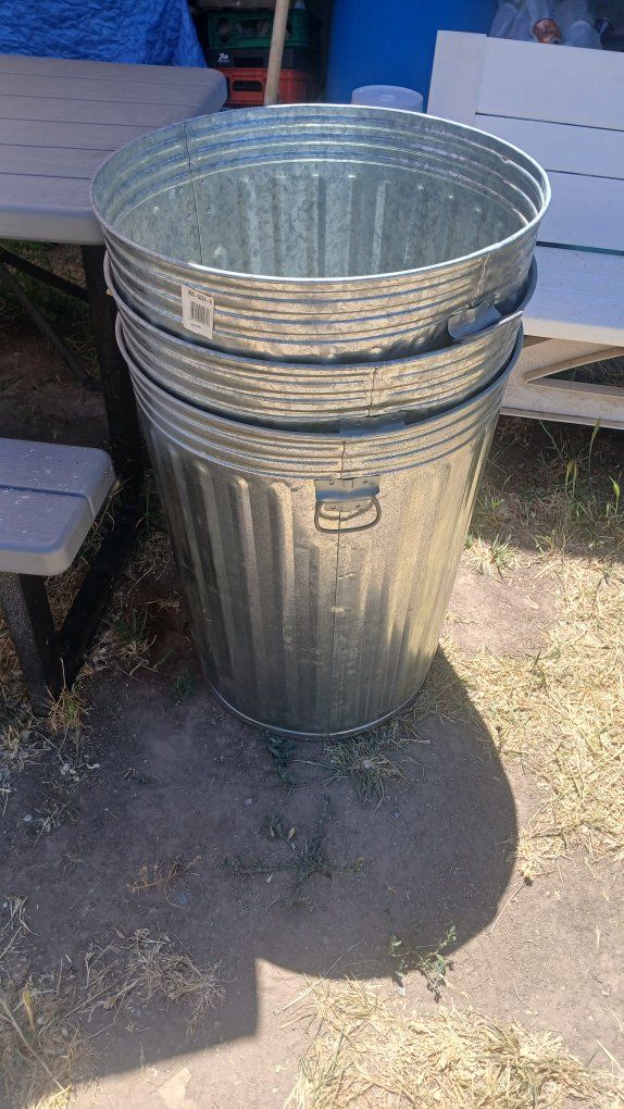 2 Galvanized Metal Trash Cans - Durable Outdoor Storage Bins