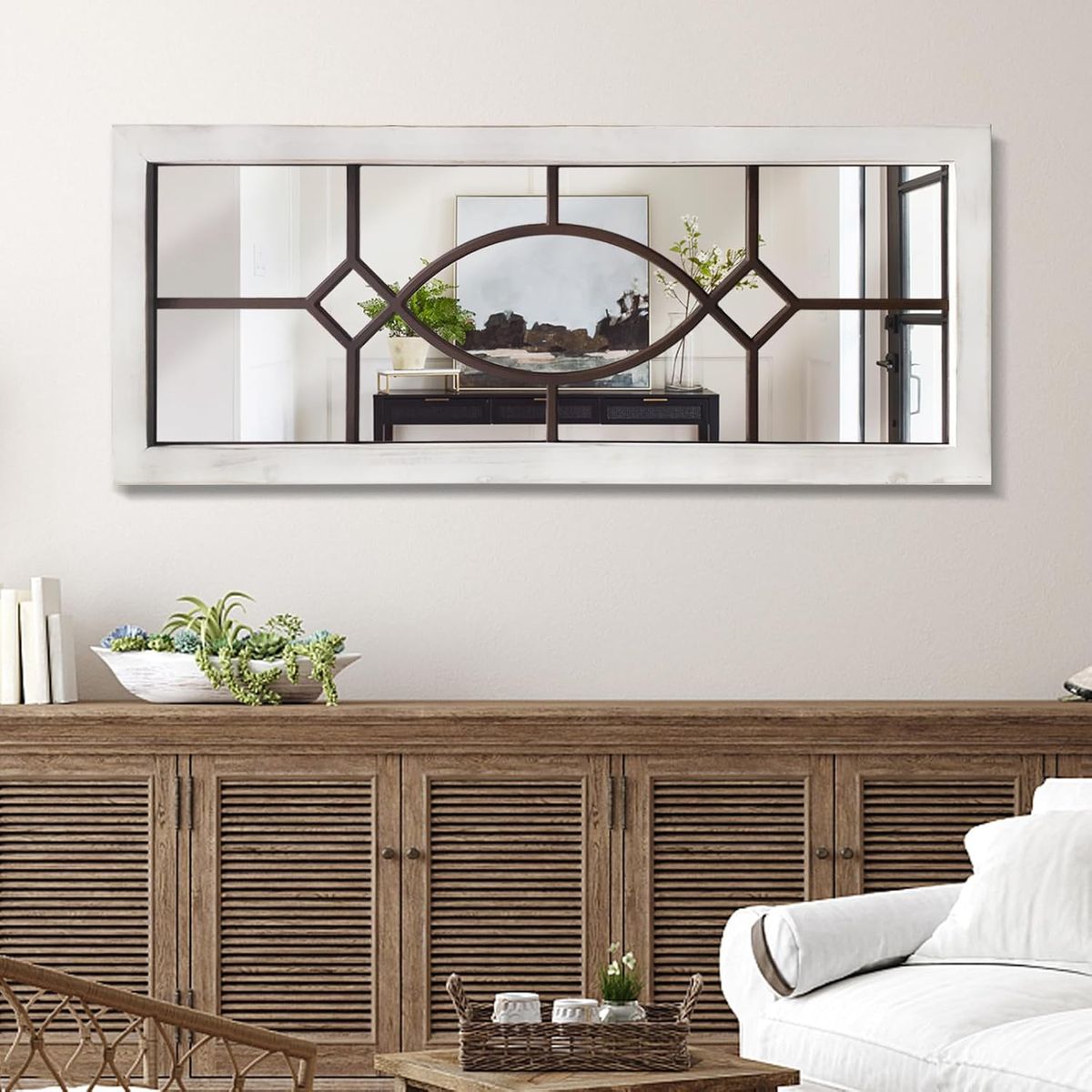 NEW TopCity Farmhouse Mirror for Wall Decor: 43.3" x 17.7" Large Rustic Windowpane Mirrors with Wooden Frame