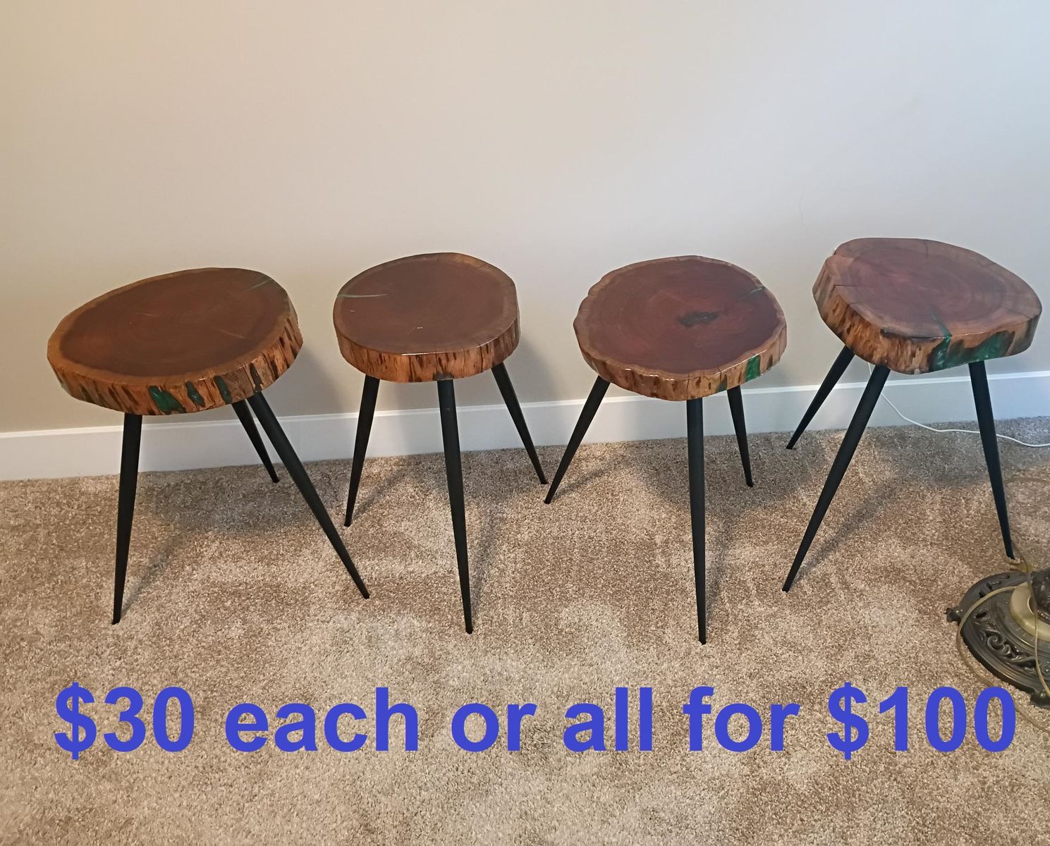 22-Inch Tall Solid Wood Live Edge Cinnamon Accent Table with Epoxy Detail, 4 avail, all 4 for $100 or $30 each
