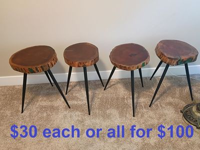 22-Inch Tall Solid Wood Live Edge Cinnamon Accent Table with Epoxy Detail, 4 avail, all 4 for $100 or $30 each
