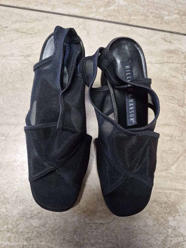 New Hilliard & Hanson Black Mesh Slingback Sandals, Size 5.5-6