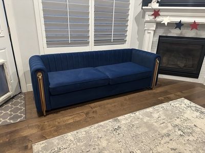 New Modern Blue Velvet Couch Channel-Tufted Sofa with Gold Accent Legs Brand New - never used - assembled