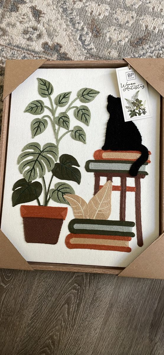 NEW BP Home Woven Embroidery Wall Art Black Cat On Books MEDIUM 18.5” X 14.5”