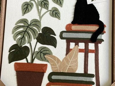 NEW BP Home Woven Embroidery Wall Art Black Cat On Books MEDIUM 18.5” X 14.5”