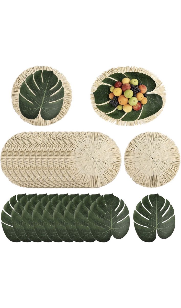 NEW Tropical Faux Monstera Leaf & Straw Placemats Table Decor Set
