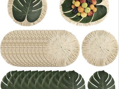 NEW Tropical Faux Monstera Leaf & Straw Placemats Table Decor Set