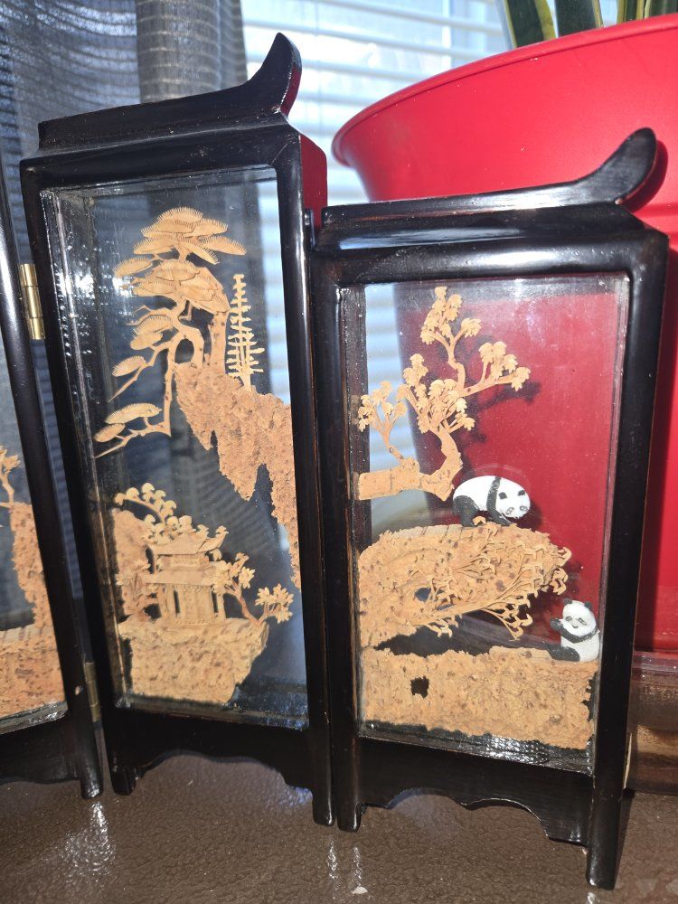 Vintage Chinese Cork Carving Diorama Shadow Box Art Set - 5 Panels, Intricate Landscape & Pandas