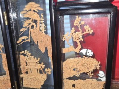 Vintage Chinese Cork Carving Diorama Shadow Box Art Set - 5 Panels, Intricate Landscape & Pandas