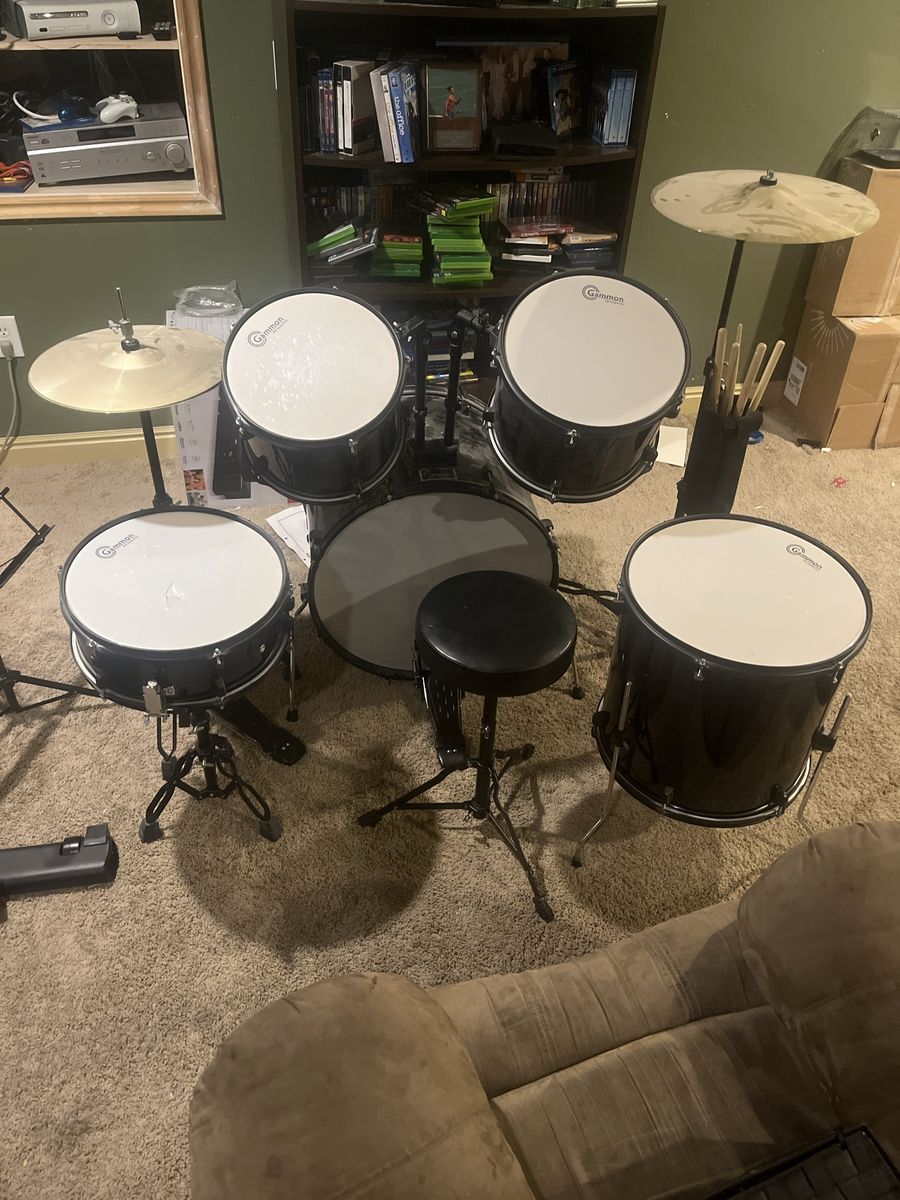 Gammon 5-Piece Complete Drum Set with Cymbals, Throne, Sticks, and Sheet Music Stand