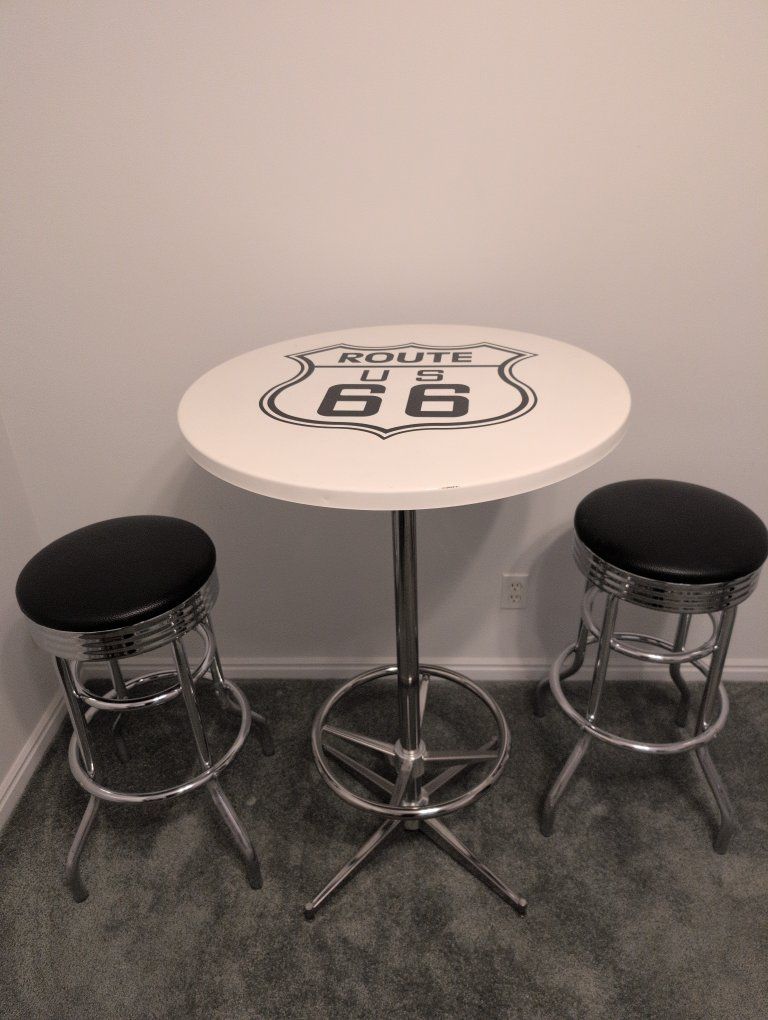 Route US 66 Bar Table & 2 Swivel Stools Set - Retro White & Black Bistro Pub Furniture