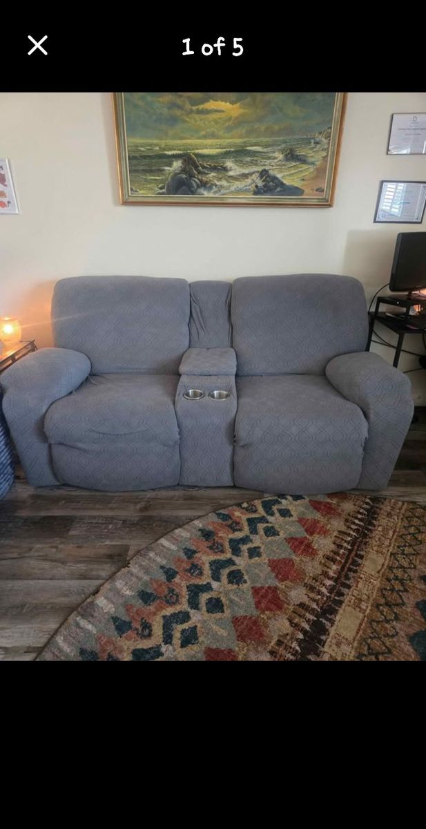 Stretch Recliner Loveseat Slipcover with Console & Cupholders, 4-Piece, Gray, Geometric Pattern
