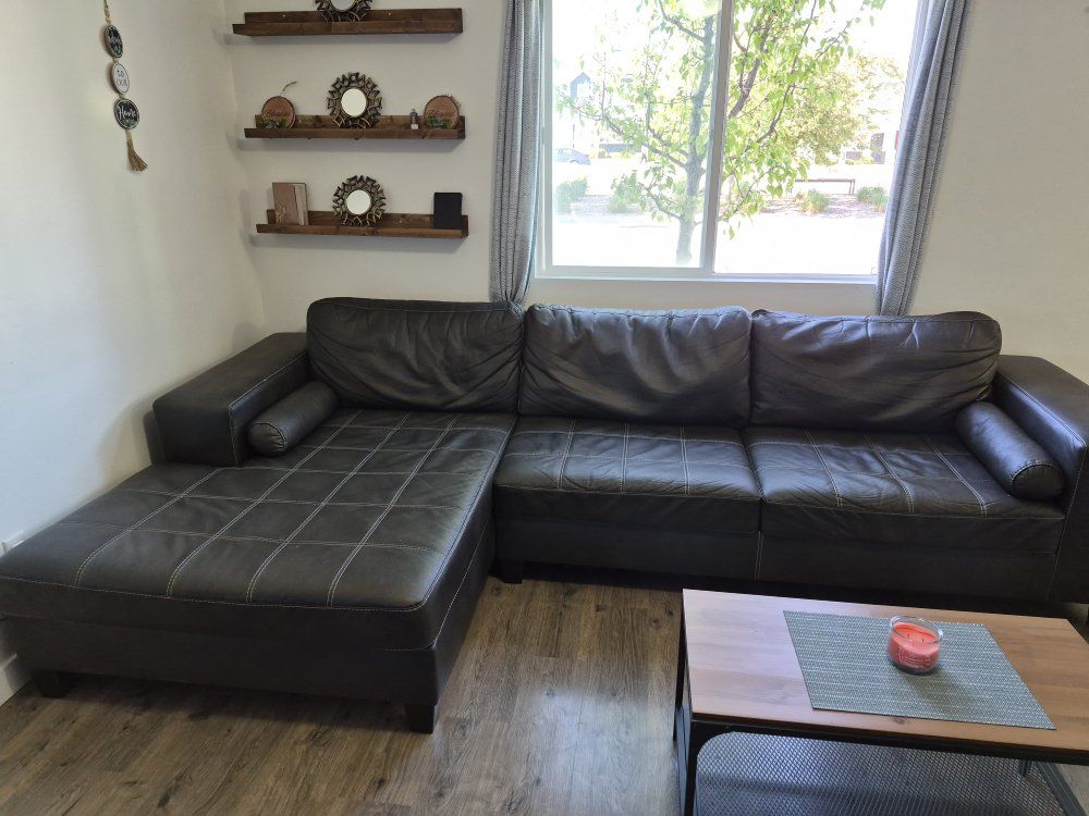 Spacious Dark Grey Sectional Sofa with Left Chaise, Faux Leather, Excellent Condition