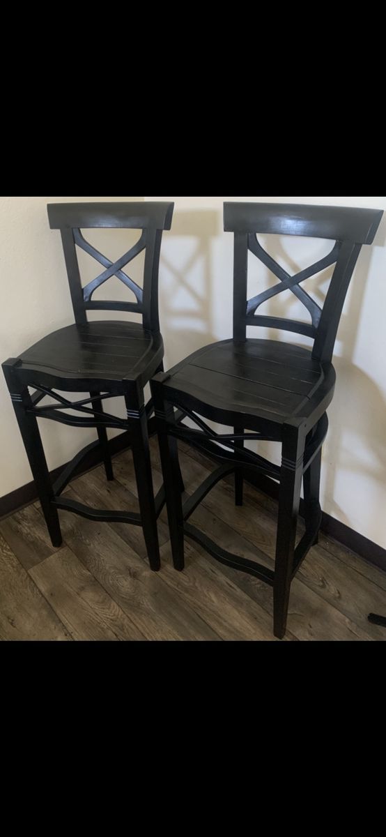 2 STUNNING UNIQUE TALL BLACK SOLID WOOD BARSTOOLS