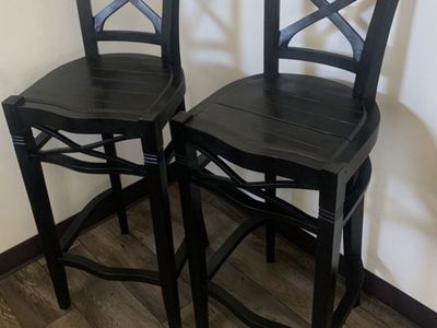 2 STUNNING UNIQUE TALL BLACK SOLID WOOD BARSTOOLS