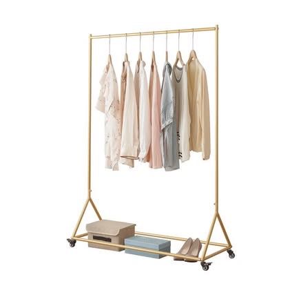 Heavy Duty Garment Rack Gold Metal Rolling Clothes Organizer with Bottom Shelf and Locking Wheels