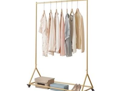 Heavy Duty Garment Rack Gold Metal Rolling Clothes Organizer with Bottom Shelf and Locking Wheels