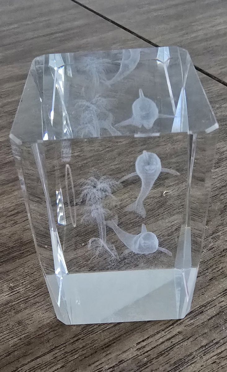 Vintage Crystal Glass Dolphin Etched Paperweight / Decor