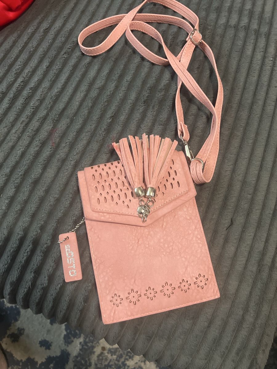 Pink Crossbody Cell Phone Purse with Tassels and Laser Cut Design