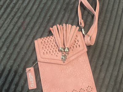 Pink Crossbody Cell Phone Purse with Tassels and Laser Cut Design