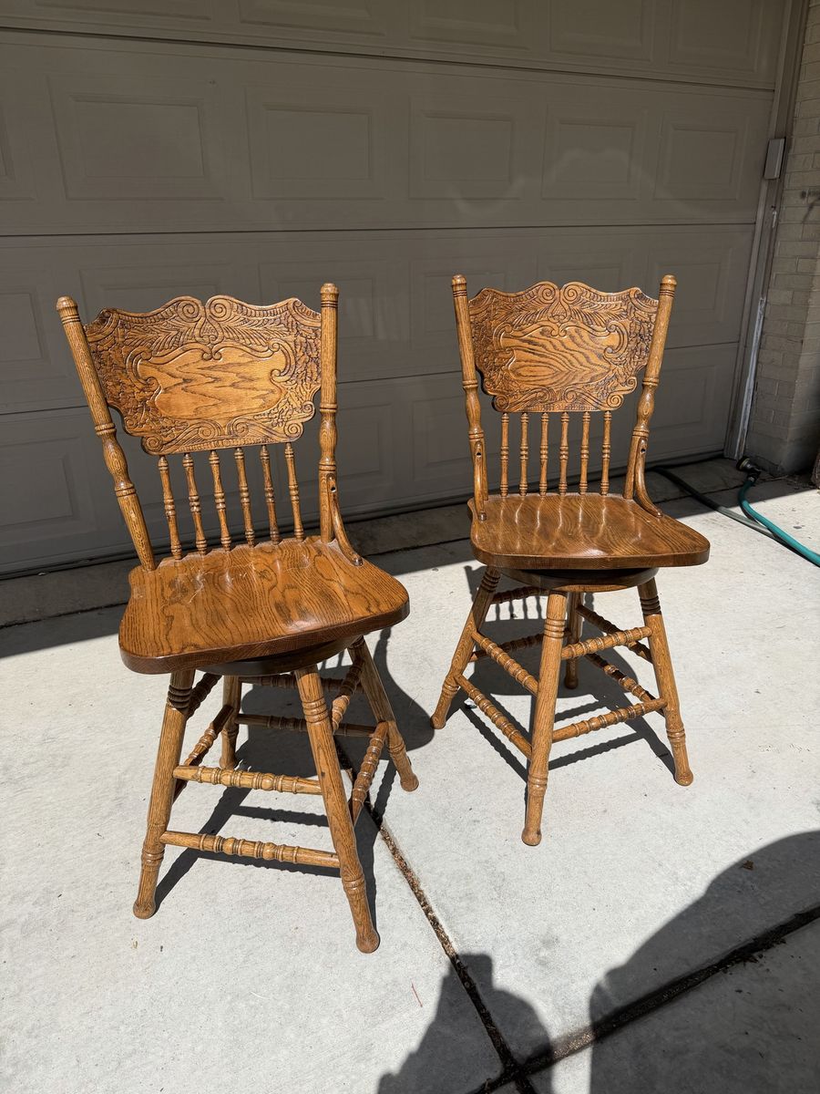 Vintage Solid Oak Swivel Barstool Chair Pair
