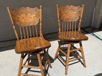 Vintage Solid Oak Swivel Barstool Chair Pair
