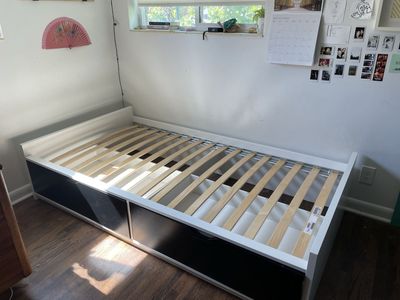 Modern Twin Bed Frame with Storage Drawers (Slats included)
