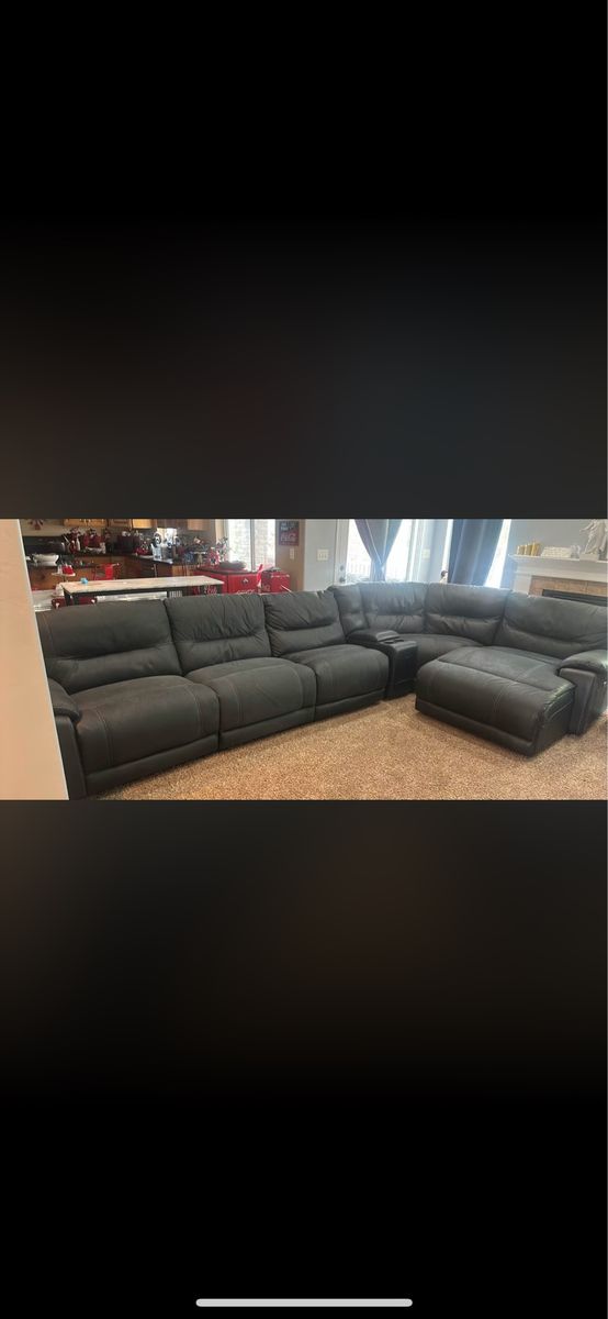 Large Dark Grey Leather Sectional Sofa with Reclining Seats