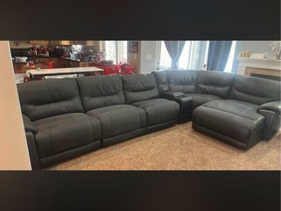 Large Dark Grey Leather Sectional Sofa with Reclining Seats