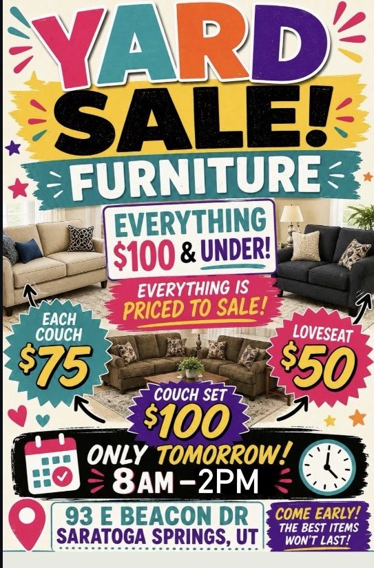 Garage  Sale! Furniture - Couches, Loveseats, and more! Everything $100 & Under in Saratoga Springs, UT