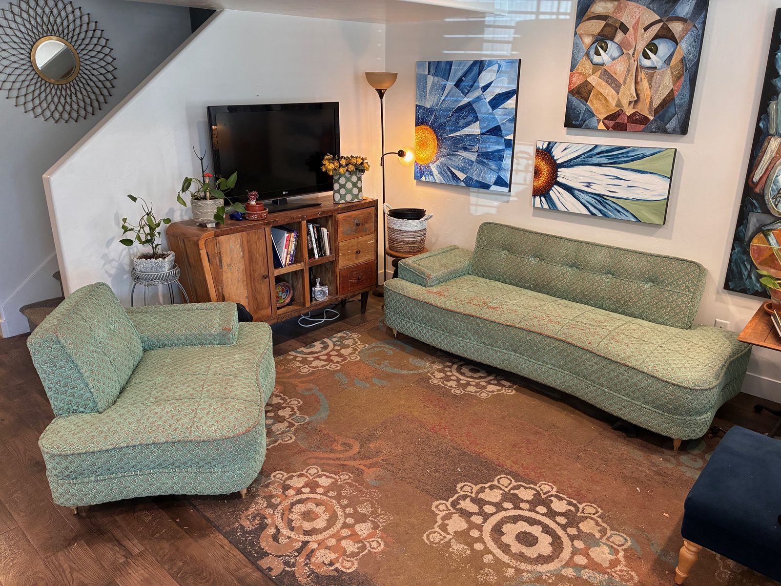 Mid Century Atomic Couch Set  Sofa Bed + Loveseat Vintage