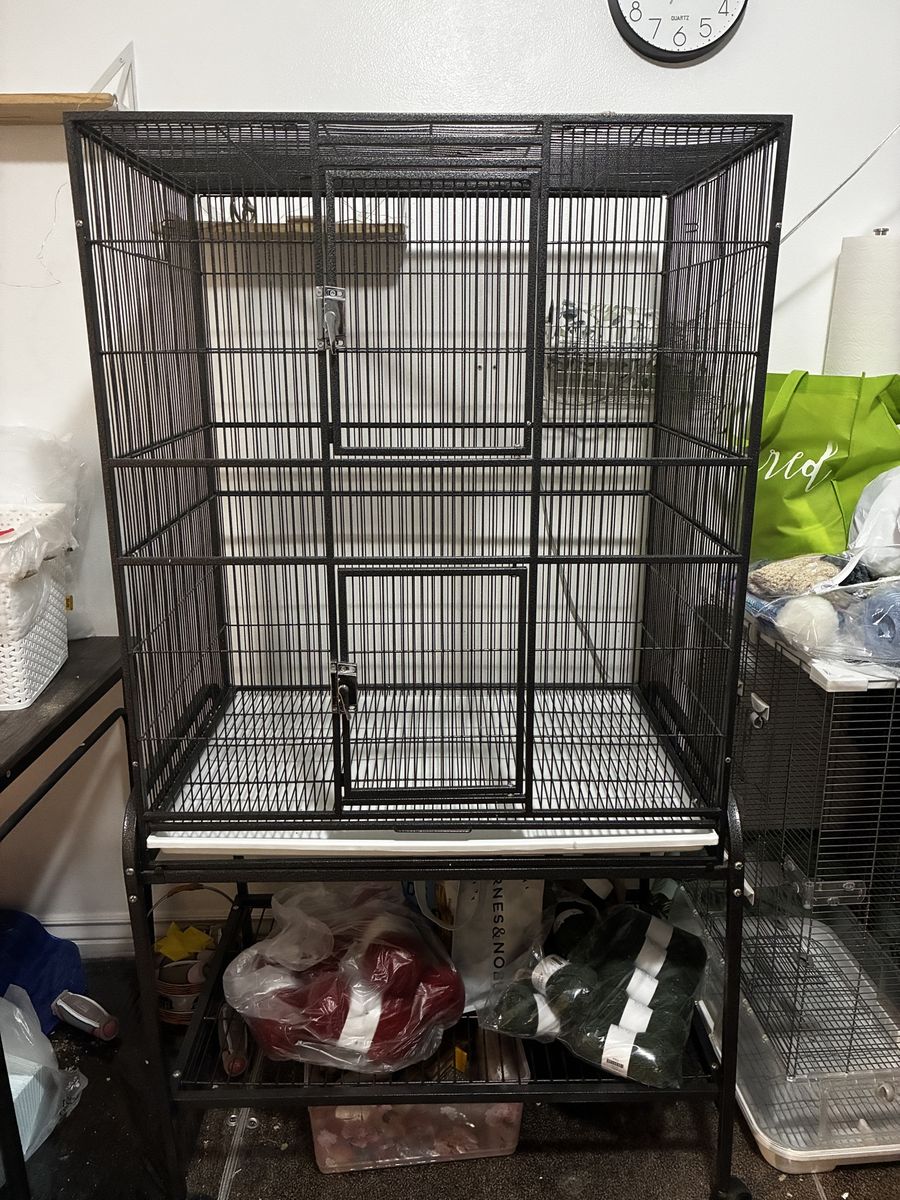 Large Black Metal Bird Cage on Stand with Rolling Casters