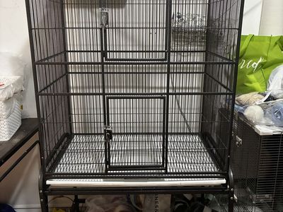 Large Black Metal Bird Cage on Stand with Rolling Casters