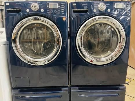 Matching Rare Blue Ultra Capacity, LG Steam Washer & Dryer Set On Pedestals!