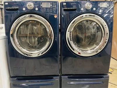 Matching Rare Blue Ultra Capacity, LG Steam Washer & Dryer Set On Pedestals!