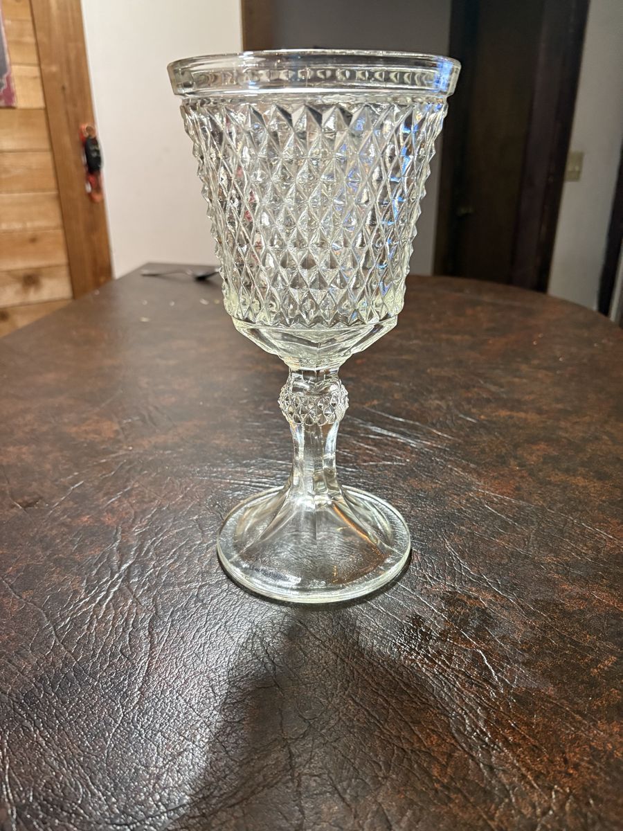 Vintage Clear Pressed Glass Diamond Pattern Goblet & Fish Dish Set