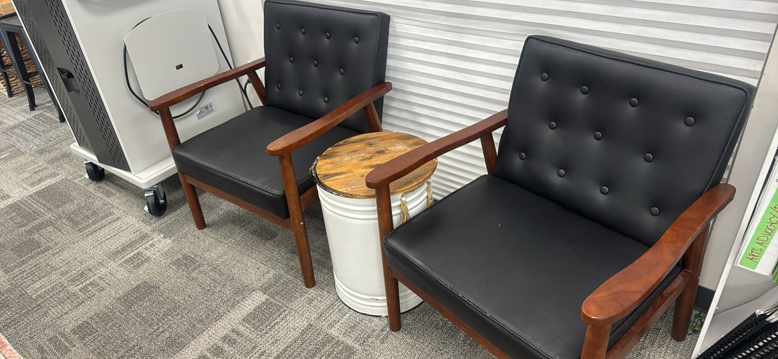Mid-Century Modern Black Faux Leather Accent Chairs with Wood Arms - Set of 2